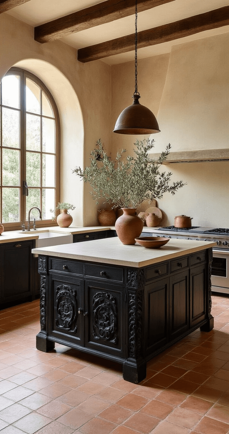Black Kitchen Island: The Ultimate Statement Piece for Modern Kitchens A Mediterranean-inspired kitchen featuring a 66-inch black carved wood island with a limestone top, set against terra cotta floors and plastered walls. The scene is illuminated by warm afternoon light filtering through arched windows, showcasing olive branches, handmade ceramics, and vintage copper vessels, while rich textures and patinated surfaces enhance the inviting ambiance.