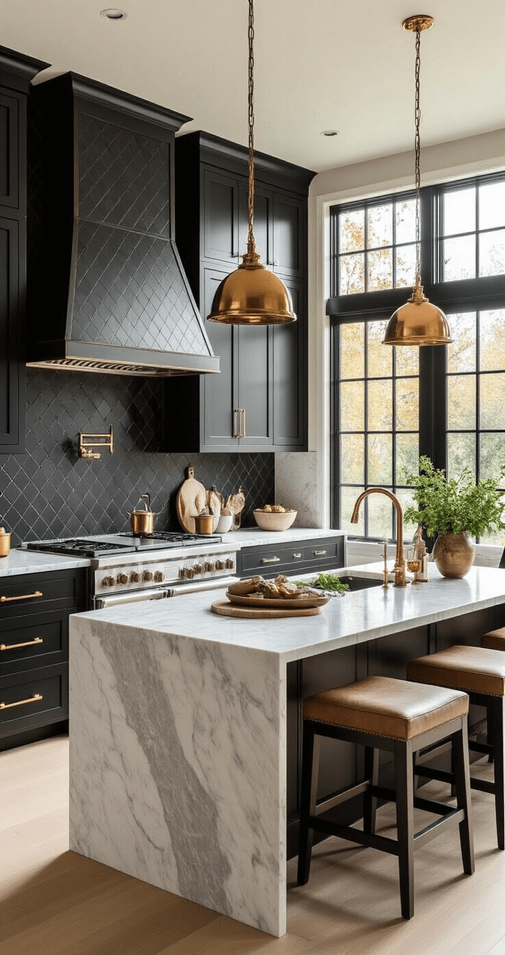 Black Diamond Kitchen: A Comprehensive Guide to Design, Renovation, and Commercial Solutions A luxurious 20x24ft residential kitchen featuring a matte black diamond-patterned backsplash, Carrara marble countertops, ebony-stained oak cabinetry with brass hardware, and a centerpiece island that seats four. The kitchen is illuminated by natural light from floor-to-ceiling windows during golden hour, enhanced with warm LED uplighting, showcasing professional-grade stainless appliances, copper cookware, fresh herbs, and artisanal ceramics in a charcoal, cream, brass, and warm woods color palette.