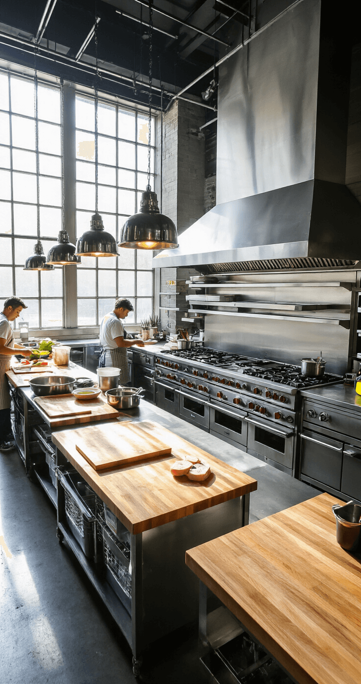 Black Diamond Kitchen: A Comprehensive Guide to Design, Renovation, and Commercial Solutions A bustling contemporary commercial kitchen during prep time, featuring stainless steel surfaces, a Black Diamond professional range, and prep stations with maple butcher blocks, illuminated by morning light streaming through industrial windows, with multiple cooks in motion and organized mise en place adding color accents.