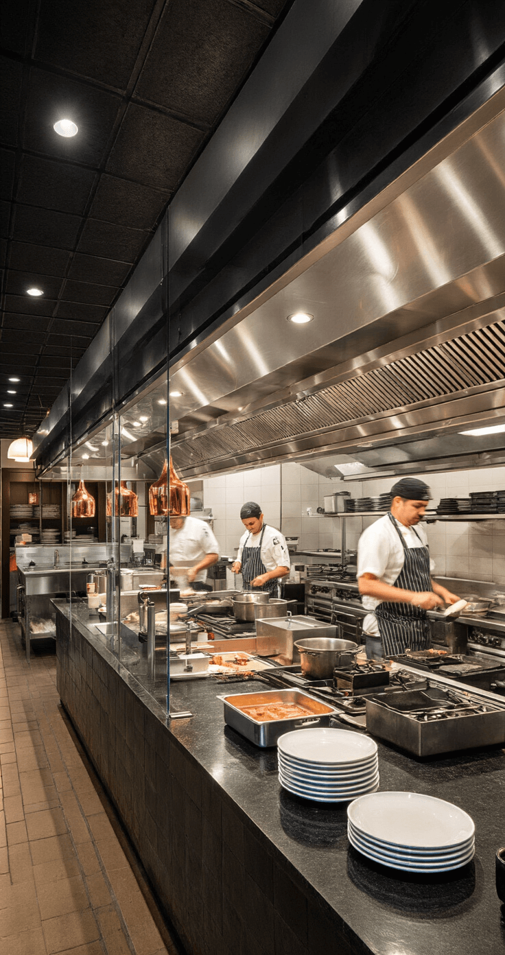 Black Diamond Kitchen: A Comprehensive Guide to Design, Renovation, and Commercial Solutions A bustling restaurant exhibition kitchen during dinner service, featuring black diamond-patterned steel ceiling panels and gleaming commercial hood systems. The space is separated from the dining room by a glass partition, with chefs engaging at multiple cooking stations. Dramatic spot lighting casts highlights on the brushed steel and black granite surfaces, while the rich cooking aromas are suggested by rising steam in the energetic atmosphere.