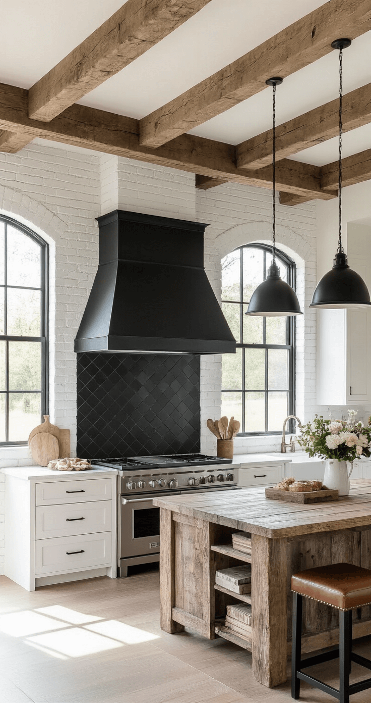 Black Diamond Kitchen: A Comprehensive Guide to Design, Renovation, and Commercial Solutions A modern farmhouse kitchen at sunrise, featuring exposed beams and a black diamond accent wall contrasting with whitewashed brick. A matte black commercial-grade range and reclaimed wood island with leather barstools are highlighted by morning rays, while vintage cookbooks and fresh flowers add styling. The color palette includes weathered whites, soft blacks, natural woods, and aged brass.