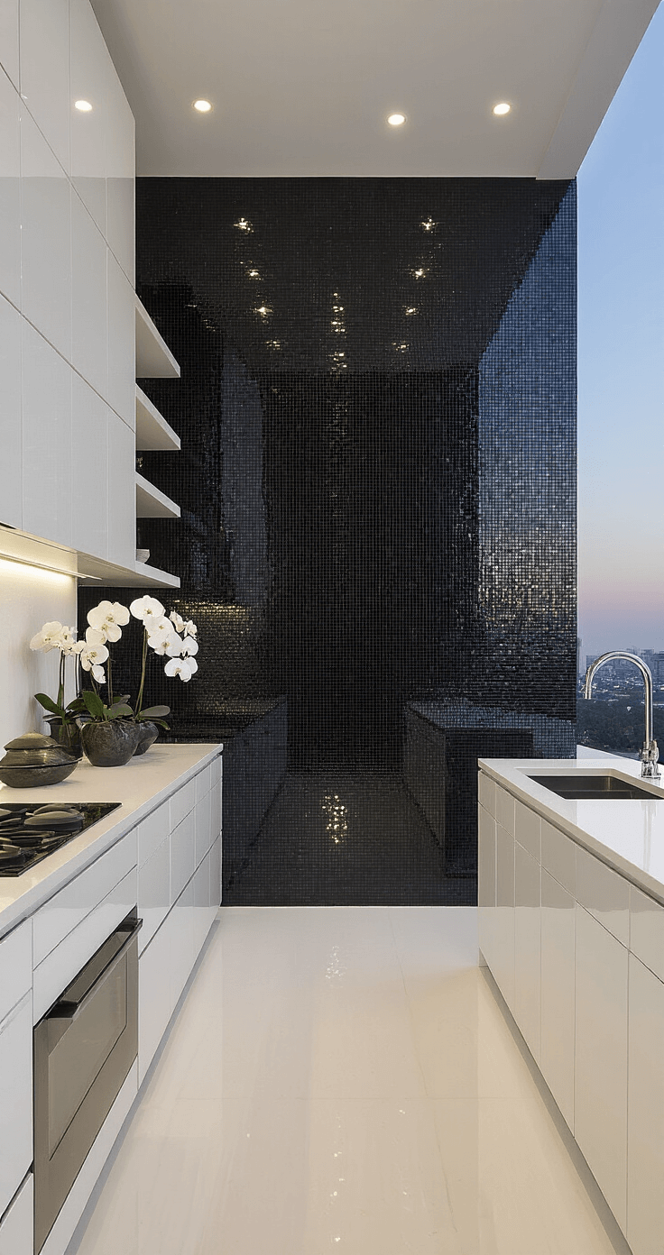 Black Diamond Kitchen: A Comprehensive Guide to Design, Renovation, and Commercial Solutions A high-end residential kitchen at twilight, featuring a black diamond glass mosaic wall, glossy white lacquer cabinets, floating shelves with curated items, and a sophisticated ambiance created by automated lighting, styled with designer tableware and orchids.