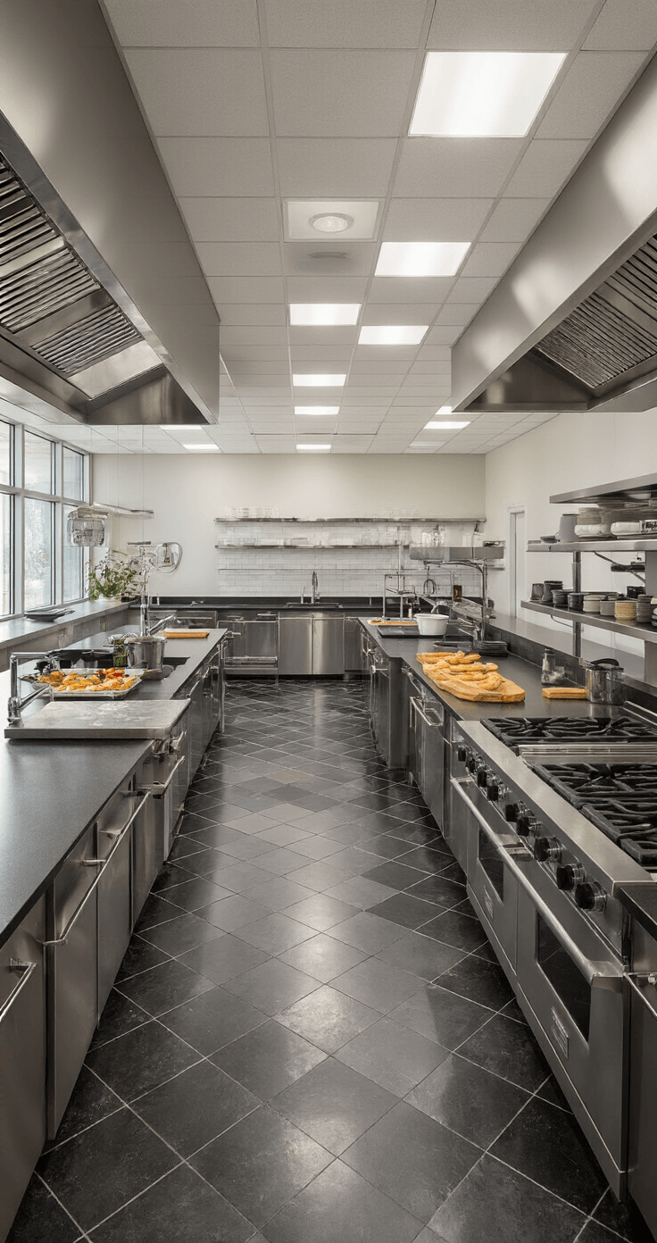 Black Diamond Kitchen: A Comprehensive Guide to Design, Renovation, and Commercial Solutions A spacious professional teaching kitchen bathed in morning light, featuring a stadium-style demonstration area with an amphitheater seating arrangement facing a central island. The black diamond-pattern stone floor anchors the room, while multiple cooking stations equipped with overhead mirrors are visible. The image captures an educational atmosphere with task lighting complementing natural light, showcasing materials like honed granite, brushed steel, and tempered glass, with culinary tools meticulously arranged throughout the space.