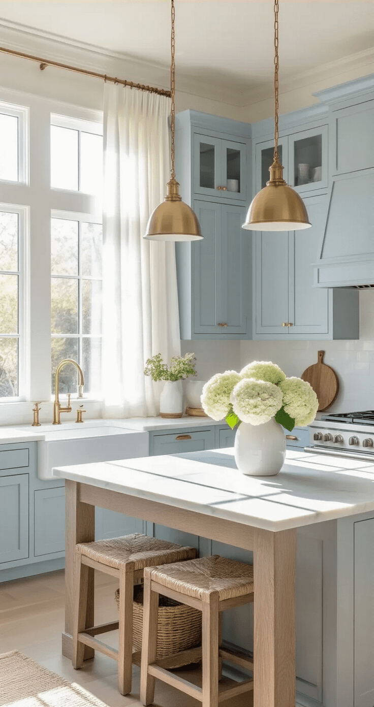 Blue Kitchen Cabinets: Transform Your Cooking Space with Timeless Elegance A modern coastal kitchen featuring powder blue shaker cabinets and white marble countertops, illuminated by early morning sunlight through sheer curtains. The central island has a weathered oak base, complemented by brass hardware and pendant lights. Styled with white ceramic vases, fresh hydrangeas, and natural fiber baskets, the airy space captures a serene atmosphere. Shot from a corner angle to highlight depth and light reflection.