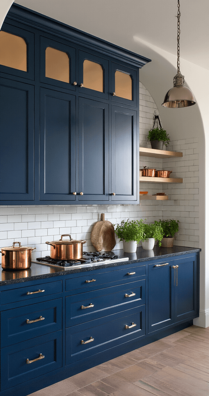 Blue Kitchen Cabinets: Transform Your Cooking Space with Timeless Elegance A dramatic navy kitchen featuring deep blue lacquered cabinets, black granite countertops, and polished nickel hardware, illuminated by golden hour lighting through an architectural archway, with copper cookware and potted herbs adorning the space.