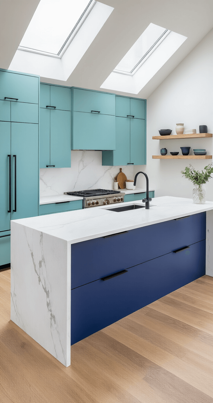 Blue Kitchen Cabinets: Transform Your Cooking Space with Timeless Elegance A contemporary two-tone kitchen featuring soft turquoise upper cabinets and deep cobalt lower cabinets, illuminated by midday skylight. A pure white waterfall quartz island serves as a dramatic centerpiece, with minimalist matte black hardware and floating shelves showcasing curated ceramics. The warm atmosphere is enhanced by engineered wide-plank oak flooring, captured in a high-angle shot that highlights the clean layout and architectural vibe with natural top lighting.