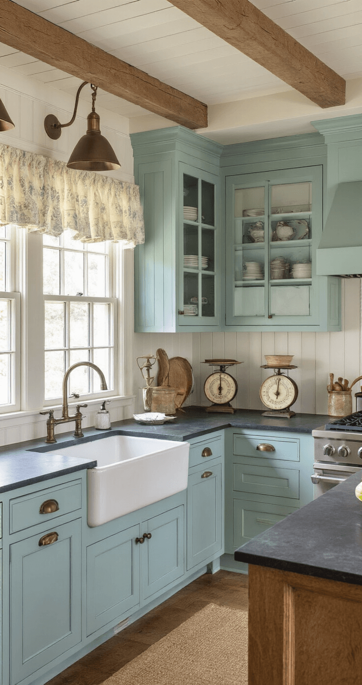Blue Kitchen Cabinets: Transform Your Cooking Space with Timeless Elegance A cozy farmhouse kitchen featuring robin's egg blue cabinets with beadboard, soapstone counters, and a white farmhouse sink, illuminated by soft afternoon light through cafe curtains, adorned with antique brass accents and vintage decor for a warm, nostalgic ambiance.