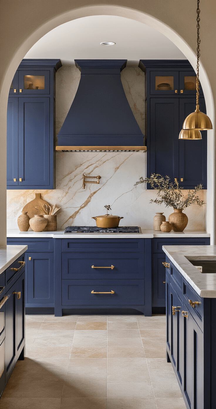 Blue Kitchen Cabinets: Transform Your Cooking Space with Timeless Elegance A modern Mediterranean kitchen featuring indigo cabinets, Calacatta gold marble countertops, and brushed gold hardware, illuminated by dusk lighting that casts dramatic shadows, with olive branches and pottery decor, and an arched doorway leading to an outdoor space.