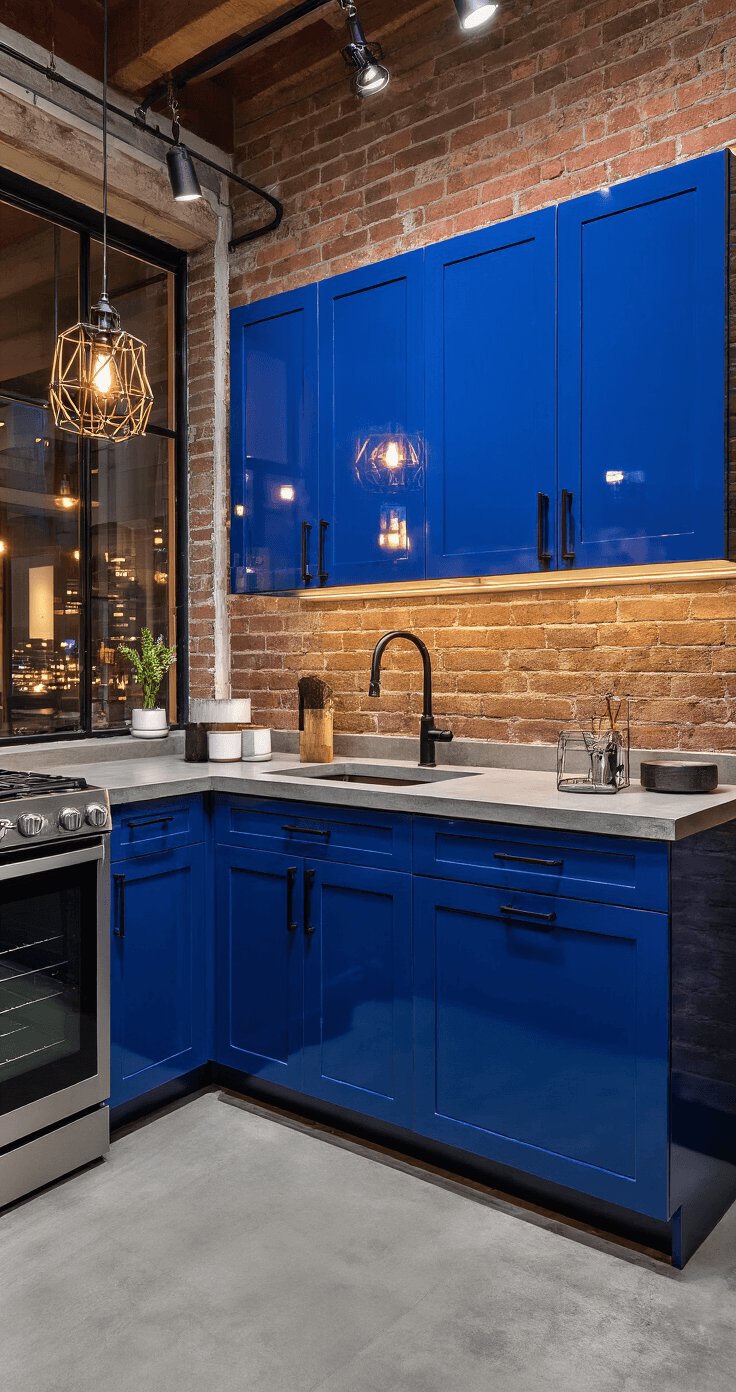 Blue Kitchen Cabinets: Transform Your Cooking Space with Timeless Elegance An urban loft kitchen featuring exposed brick walls and high-gloss royal blue cabinets, complemented by concrete countertops and stainless steel appliances, with black iron hardware and cage lighting. Styled with geometric accessories in a dynamic Dutch angle shot, capturing an evening city vibe with mixed lighting for a bold metropolitan atmosphere.