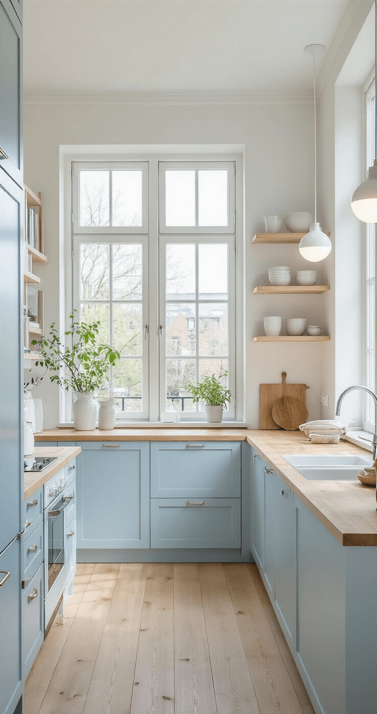 Blue Kitchen Cabinets: Transform Your Cooking Space with Timeless Elegance A spacious Scandinavian minimal kitchen with floor-to-ceiling windows, featuring pale ice-blue cabinets, white oak countertops, and open shelving, styled with natural elements and white ceramics, captured from above to highlight its serene atmosphere.