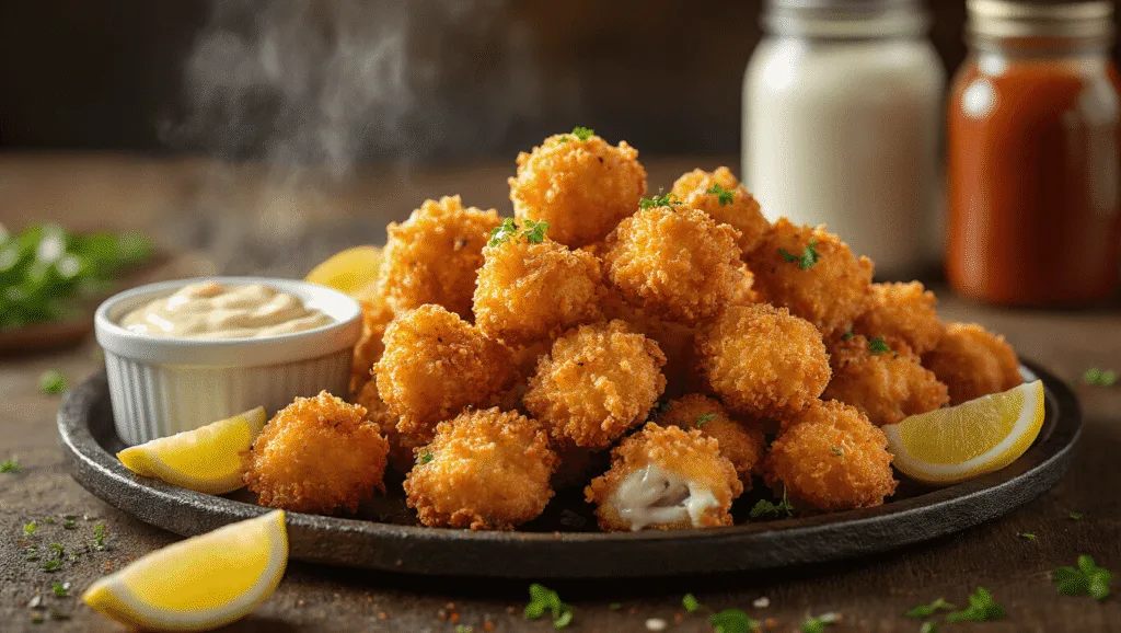 FRIED ALLIGATOR BITES: A SOUTHERN CULINARY ADVENTURE Photorealistic image of golden-brown crispy fried alligator bites on a rustic cast-iron platter, garnished with lemon wedges and micro-herbs, accompanied by a ramekin of creamy remoulade sauce, with a blurred background of mason jars and scattered spices.