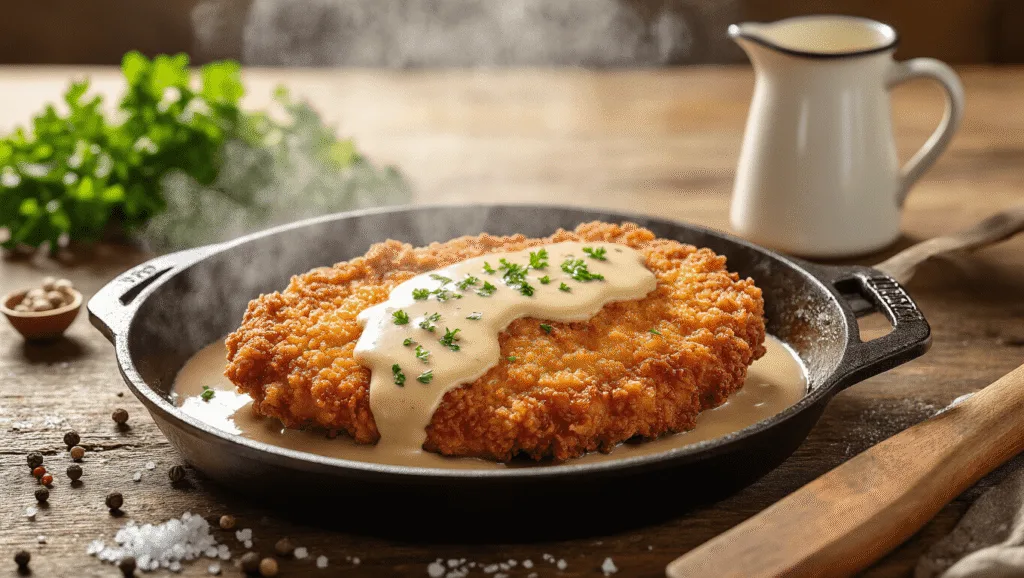 Chicken Fried Venison Steak: Southern Wild Game Comfort Classic A golden-brown chicken fried venison steak topped with rich cream gravy in a cast iron skillet, garnished with black pepper and parsley, set on a rustic wooden table with scattered herbs and peppercorns, softly lit to highlight textures.
