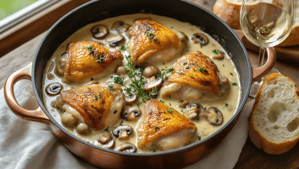 Chicken Fricassee: Classic French Comfort Food Photorealistic French chicken fricassee with mushrooms and cream sauce in a vintage copper Dutch oven, featuring tender bone-in chicken thighs, sautéed mushrooms, and pearl onions, garnished with thyme and parsley, set on a rustic wooden table with crusty bread and a wine glass in the background, bathed in natural window light.