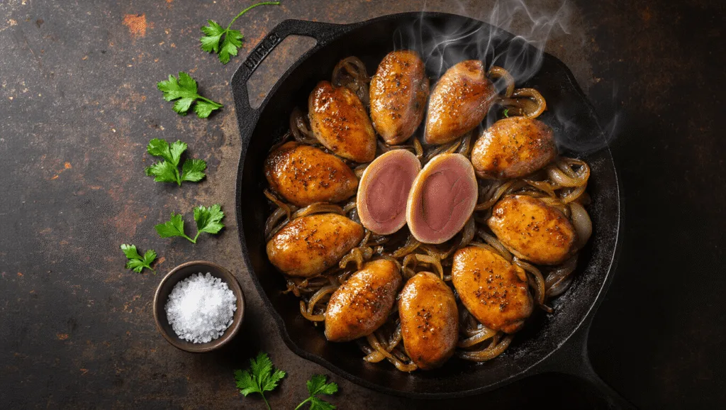 Crispy Pan-Fried Chicken Livers with Caramelized Onions A close-up, overhead shot of a cast-iron skillet filled with crispy golden-brown chicken livers and caramelized onions, showcasing a creamy pink center, with visible seasoning, steam rising, and a rustic wooden background.