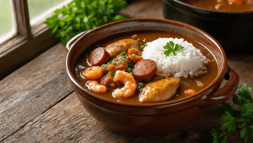 Comprehensive Gumbo Recipe: A One-Pot Louisiana Classic Cinematic overhead shot of a steaming bowl of dark gumbo with andouille sausage, chicken, and shrimp, garnished with parsley, on a rustic wooden table with vintage Louisiana decor.