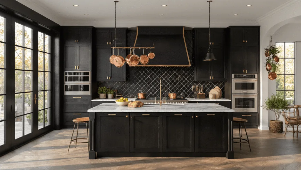 Black Diamond Kitchen: A Comprehensive Guide to Design, Renovation, and Commercial Solutions Photorealistic luxury kitchen at golden hour with black diamond-patterned backsplash, Carrara marble countertops, ebony-stained cabinetry, and brass hardware, featuring floor-to-ceiling windows, a central island, professional appliances, and decorative copper cookware.