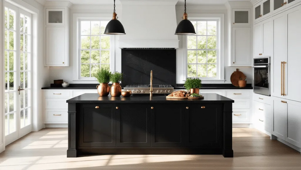 Black Kitchen Island: The Ultimate Statement Piece for Modern Kitchens Photorealistic image of a modern luxury kitchen featuring a matte black quartz-topped island, white shaker cabinets, brass hardware, and stainless steel appliances, illuminated by natural light through large windows, with a styled charcuterie board and pendant lights above.