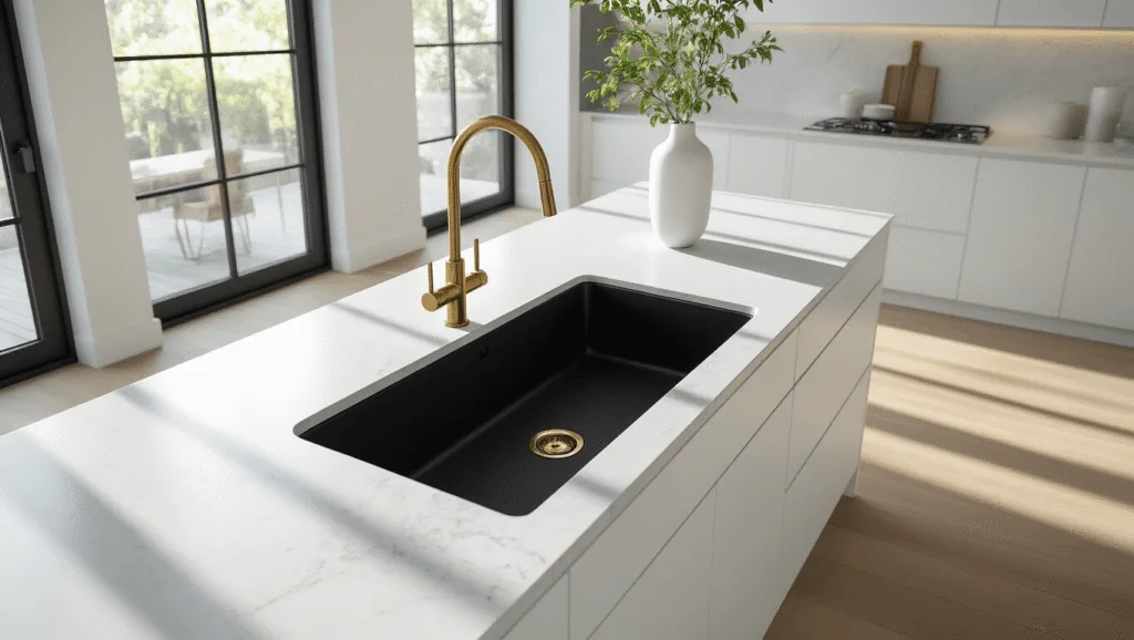 Black Kitchen Sinks: The Bold Statement Your Kitchen Needs Photorealistic modern kitchen featuring a matte black granite composite sink with brass faucet, ultra-white quartz countertops, Scandinavian cabinets, and natural light illuminating the space.