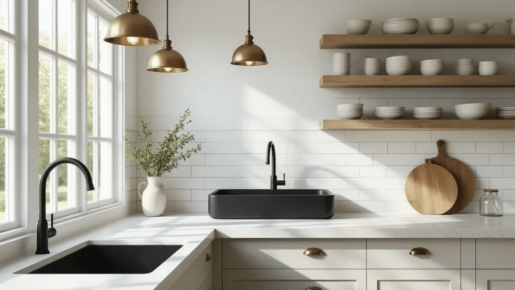 Black Sink Kitchen: The Ultimate Styling Guide for Stunning Visual Decor Photorealistic kitchen interior featuring a matte black farmhouse sink, white quartz countertops, and a subway tile backsplash, illuminated by natural light through floor-to-ceiling windows, styled with artisanal ceramics and fresh eucalyptus, captured during golden hour.