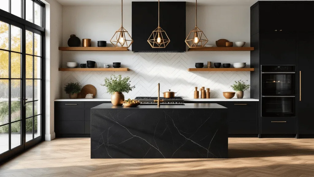 Black and Wood Kitchen: A Stunning Modern Design Guide A modern kitchen interior featuring black lower cabinets, honey oak upper cabinets, and a black quartz waterfall island, illuminated by brass pendant lights, with professional black appliances and a white marble backsplash, captured in golden hour light.