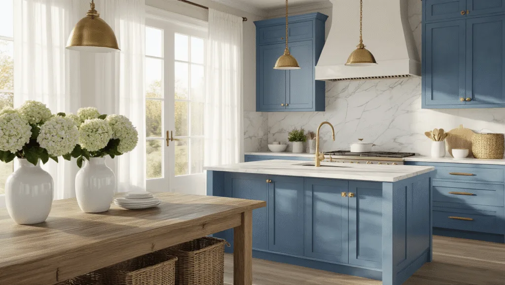 Blue Kitchen Cabinets: Transform Your Cooking Space with Timeless Elegance High-end coastal kitchen with powder blue shaker cabinets, white marble countertops, and weathered oak island, featuring natural light, fresh hydrangeas, and a cinematic perspective.
