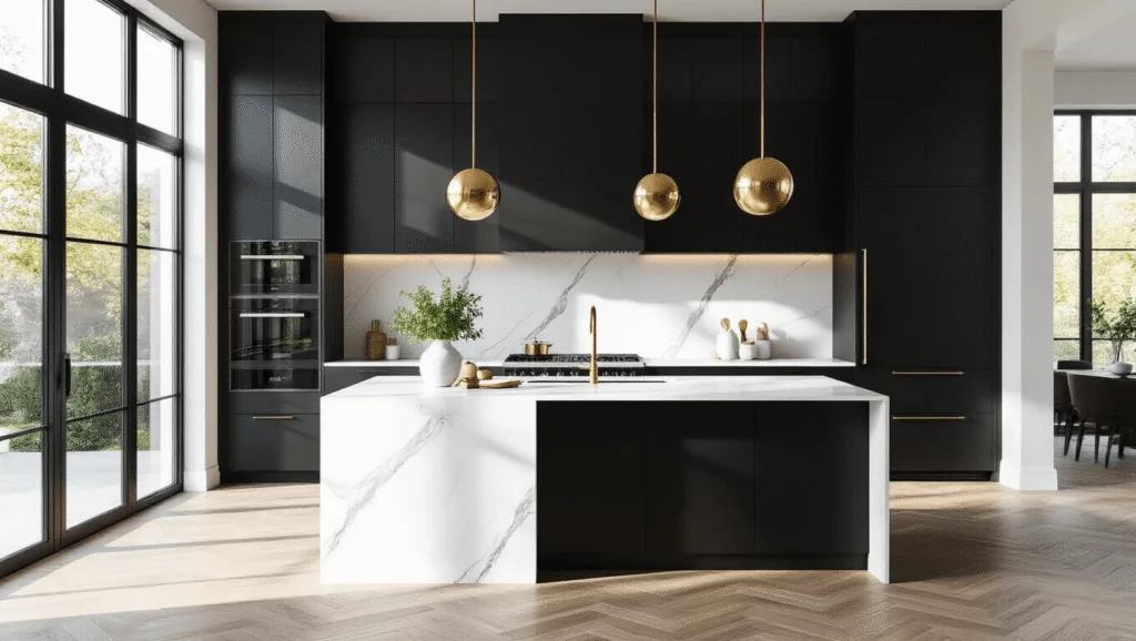 Black Kitchen Cabinets: A Bold and Sophisticated Design Choice Hyperrealistic interior photograph of a luxury modern kitchen featuring matte black cabinets, a white quartz waterfall island, and a herringbone marble backsplash, illuminated by natural morning light through large windows, with stylish decor and high-end appliances.