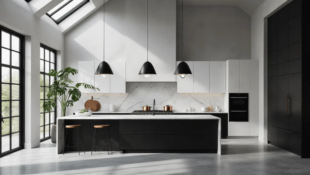 Black and White Kitchens: A Timeless Design Canvas That Never Goes Out of Style A luxurious modern black and white kitchen with vaulted ceilings, skylights, matte black lower cabinets, and glossy white upper cabinets, featuring a marble island and geometric pendant lights, captured in dramatic morning light.