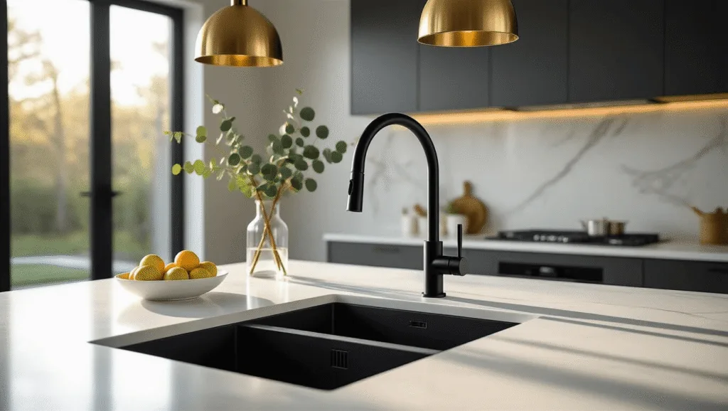 Black Kitchen Faucets: The Ultimate Modern Design Statement That Transforms Your Culinary Space Cinematic high-end kitchen interior featuring a matte black pull-down faucet on a white quartz waterfall island, illuminated by golden hour sunlight through large windows, with dramatic shadows and a soft bokeh background.