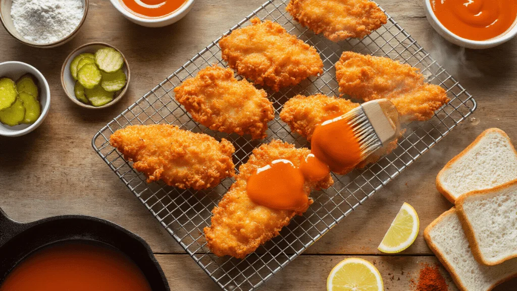 Nashville Hot Fish: Spicy Southern Seafood Sensation Cinematic overhead shot of crispy Nashville hot fish fillets on a wire rack, brushed with spicy sauce, surrounded by white bread, pickles, and lemon wedges on a rustic wood surface.