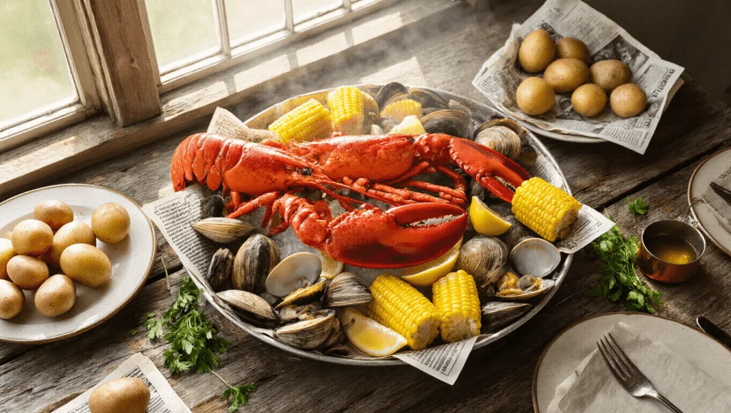 New England Clambake: The Ultimate Seafood Feast Overhead shot of a New England clambake featuring red lobsters, steamer clams, corn on the cob, and potatoes on a rustic wooden table, accented by fresh herbs and melted butter, with a soft focus on lobster claws and crisp white wine glasses in the background.