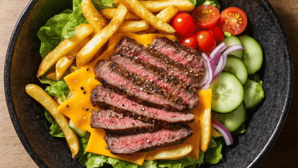 Pittsburgh Steak Salad: A Classic Motor City Comfort Dish Overhead shot of a Pittsburgh Steak Salad in a black ceramic bowl, featuring medium-rare ribeye steak, crispy fries, fresh vegetables, and melted cheddar cheese, against a rustic wooden table background.