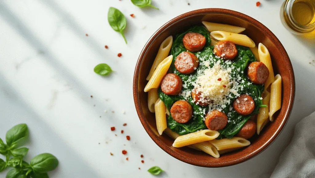 EASY SAUSAGE AND SPINACH PASTA A rustic bowl filled with al dente penne pasta, caramelized Italian sausage, and wilted spinach, topped with grated Parmesan and red pepper flakes, illuminated by natural light on a marble counter.