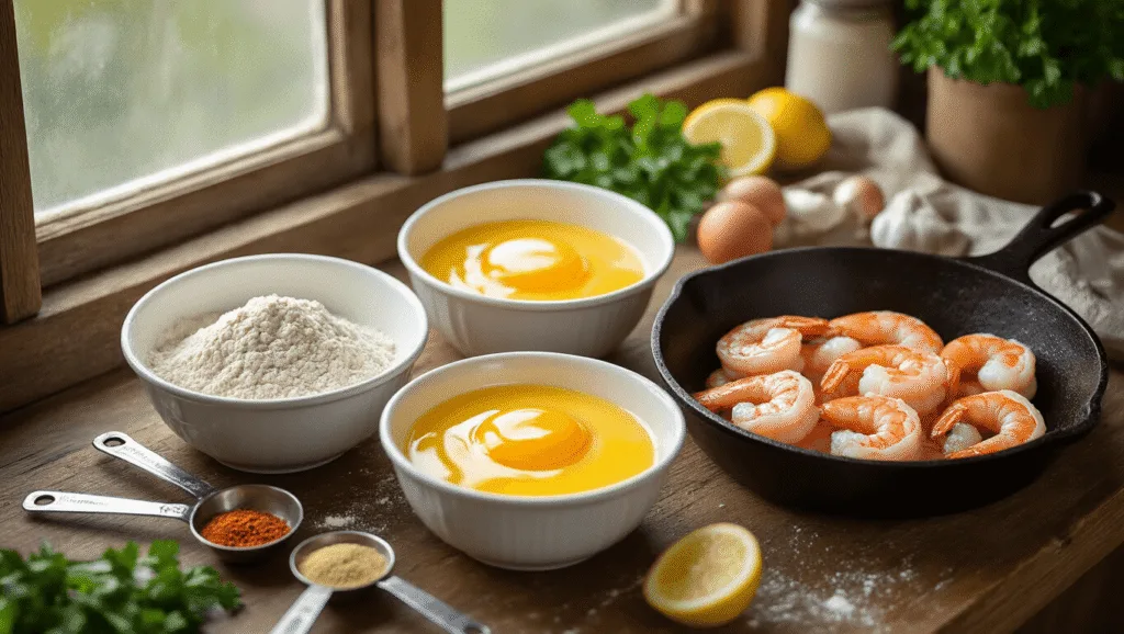 Crispy Chicken Fried Shrimp: The Ultimate Southern Seafood Delight Hyperrealistic photograph of a rustic kitchen countertop with white ceramic bowls of seasoned flour, golden beaten eggs with buttermilk, and large peeled shrimp, accompanied by a vintage cast iron skillet, measuring spoons, fresh parsley, and lemon wedges, all illuminated by natural window light, showcasing warm golden hues and soft depth of field.