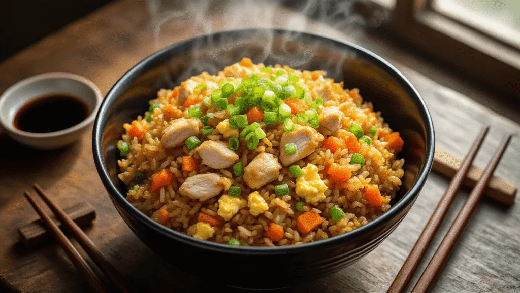 Chicken Fried Rice: The Ultimate 20-Minute Weeknight Dinner A steaming bowl of golden-brown chicken fried rice in a glossy black ceramic bowl, garnished with green onions, set on a rustic wooden table surrounded by ingredients like fresh garlic and carrots, with a small dish of soy sauce and chopsticks nearby.
