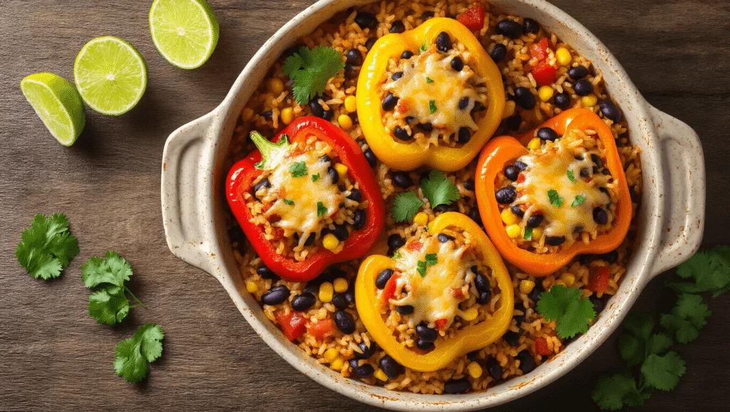 Easy Veggie Stuffed Bell Peppers: A Flavor-Packed Vegetarian Delight Overhead shot of colorful stuffed bell peppers filled with Mexican rice, black beans, corn, and tomatoes in a rustic dish, topped with melting cheese and garnished with cilantro and lime wedges, illuminated by natural light.