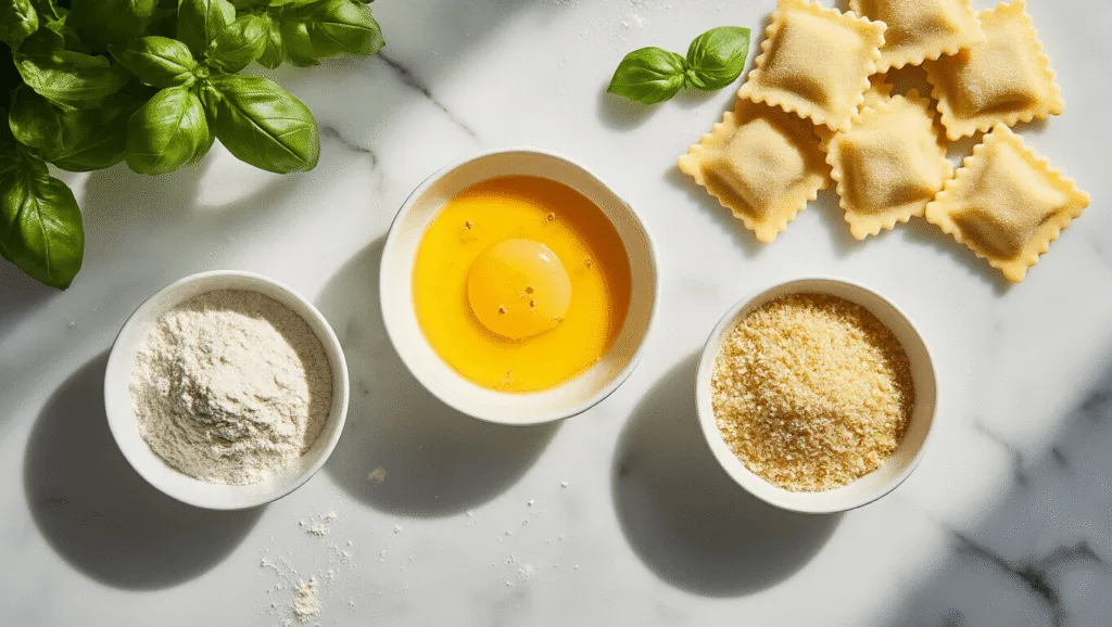 St. Louis Toasted Ravioli: A Crispy Midwest Appetizer Masterpiece A professional food photography setup featuring three white ceramic bowls with seasoned flour, an egg-buttermilk mixture, and Italian breadcrumbs on a marble countertop, accompanied by frozen ravioli, fresh basil, and flour, shot in warm tones with dramatic shadows.
