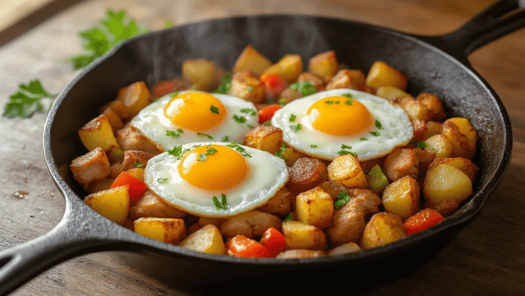 Turkey Hash: The Ultimate Leftover Transformation Dish Photorealistic close-up of a cast iron skillet filled with crispy turkey hash, topped with sunny-side-up eggs and garnished with parsley, set against a warm, rustic wooden backdrop.