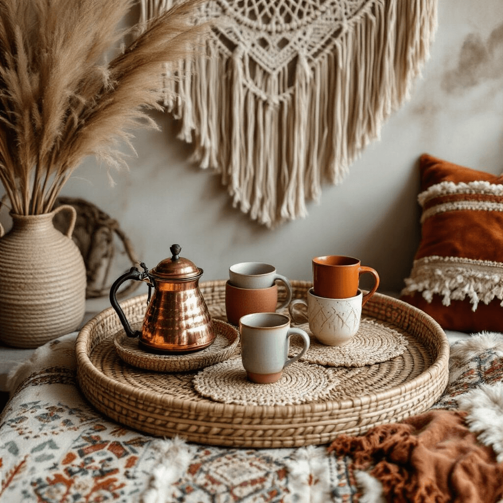 How to Create the Perfect Coffee Bar Station: A Comprehensive Guide A boho-chic coffee station arranged on a round rattan tray, featuring a copper Turkish coffee pot, handwoven textile placemats, artisanal ceramic mugs in terracotta and cream, surrounded by macrame wall hangings, dried pampas grass, soft natural lighting, and a warm color palette of terracotta, sage green, and golden honey tones.