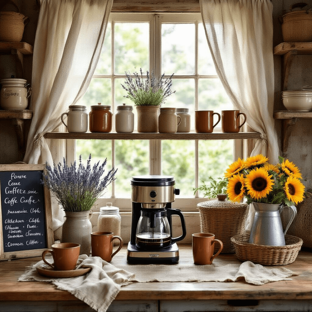 The Ultimate Guide to Choosing the Best Coffee Maker in 2024: A Comprehensive Styling and Selection Approach A cozy farmhouse coffee corner bathed in natural sunlight, featuring a classic drip coffee maker, vintage coffee gear, handmade mugs, and fresh lavender, complemented by sunflowers and rustic decor.