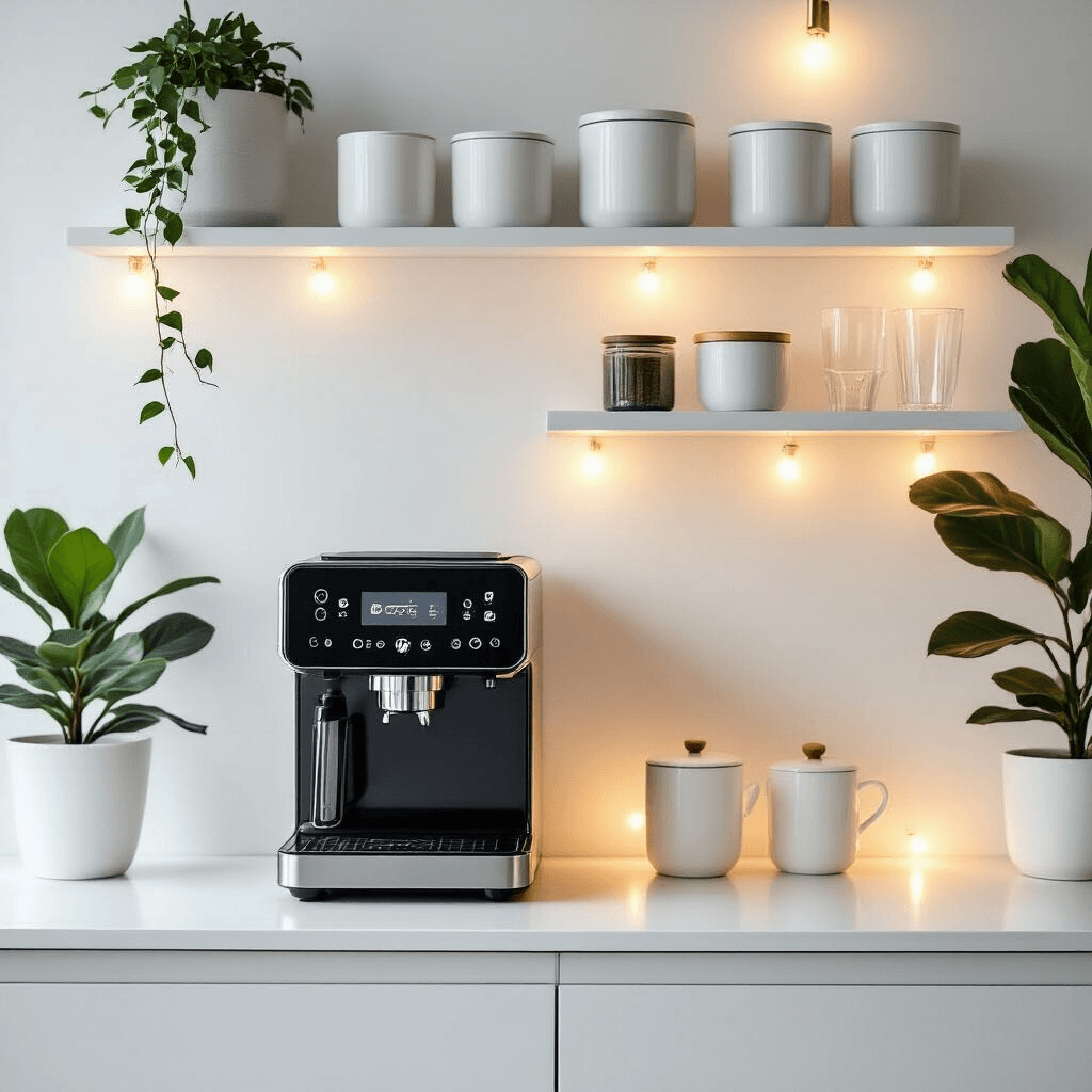 The Ultimate Guide to Choosing the Best Coffee Maker in 2024: A Comprehensive Styling and Selection Approach A modern minimalist coffee nook featuring clean white surfaces, geometric shelving, and a sleek automatic coffee machine, illuminated by warm string lights and accented with a fiddle leaf fig plant.