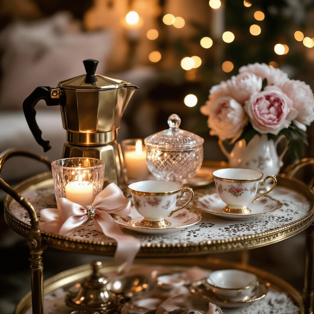 How to Create the Perfect Coffee Bar Station: A Comprehensive Guide Intimate close-up of a vintage glam coffee station on an antique brass cart, featuring a percolator, cut crystal sugar bowl, and china teacups with gold rims. Surrounded by warm candlelight, fairy lights, silk ribbon bows, pearls, and fresh peonies, with rich textures of velvet and lace, all in blush pink, cream, and antique gold tones.