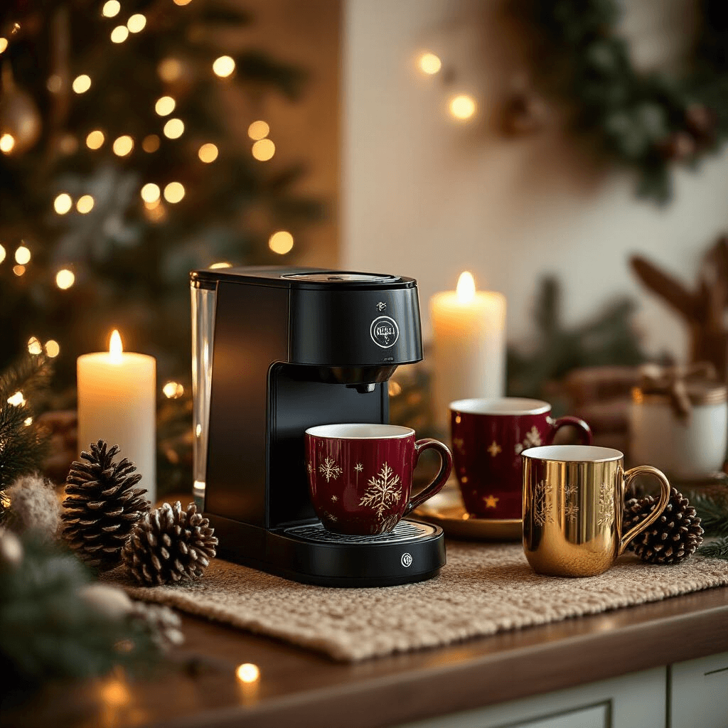 Styling Your Nespresso Coffee Maker: The Ultimate Guide to Creating Instagram-Worthy Coffee Moments A cozy winter coffee station in a kitchen nook, featuring a black Essenza Mini, holiday-themed mugs in deep red and gold, pine cone accents, warm wool textiles, soft fairy lights, and intimate candlelight, all set against a rich burgundy, forest green, and gold color palette.