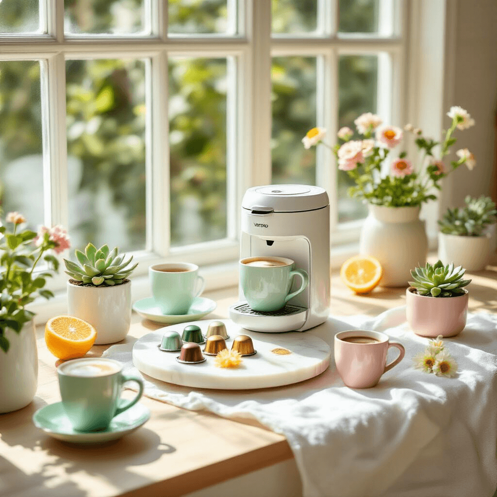 Styling Your Nespresso Coffee Maker: The Ultimate Guide to Creating Instagram-Worthy Coffee Moments A bright summer coffee station vignette featuring a white Vertuo machine, pastel espresso cups, a marble lazy Susan with colorful Nespresso capsules, succulents, citrus slices, and fresh flowers, all set on light wood surfaces under midday sunlight.