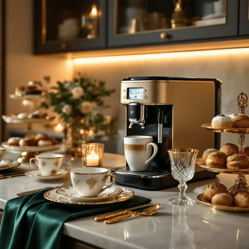 Styling Your Nespresso Coffee Maker: The Ultimate Guide to Creating Instagram-Worthy Coffee Moments An elegant evening coffee ritual scene featuring a champagne-finished Lattissima machine on a sophisticated sideboard, surrounded by crystal glassware, deep jewel-toned silk runners, artisanal ceramic cups, gold-rimmed saucers, and vintage brass accessories, with gourmet pastries on a tiered stand, warm LED lighting casting dramatic shadows, and small votive candles creating an intimate ambiance in rich emerald green, warm gold, and cream tones.