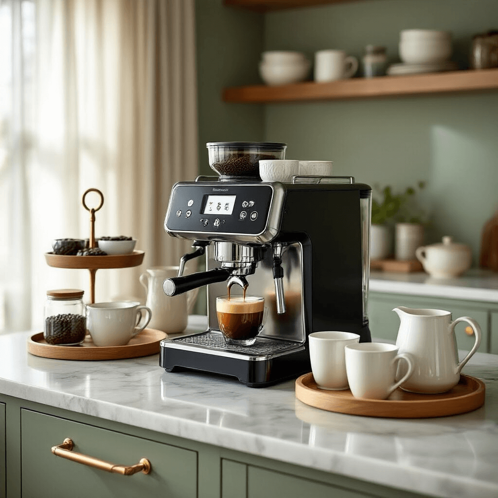 Breville Coffee Makers: The Ultimate Guide to Precision Brewing at Home An upscale home coffee bar in a modern kitchen with a Breville Oracle Touch machine on a marble countertop, surrounded by gourmet coffee beans, milk frothing pitchers, and elegant porcelain cups, bathed in soft morning light with warm brass fixtures and sage green accent walls.