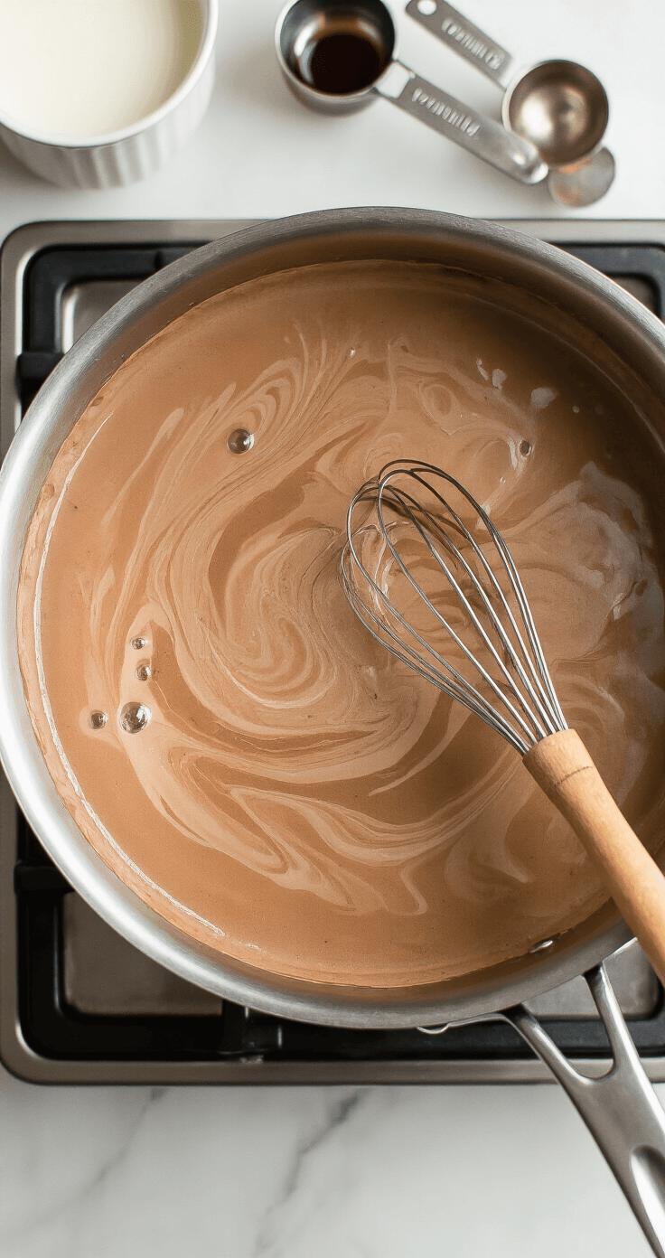 Cinnamon Mocha Coffee: Your Ultimate Cozy Comfort Drink A stainless steel saucepan on a gas burner filled with steaming chocolatey milk, a wooden whisk resting on the side, and cocoa powder swirling in the creamy liquid, with soft kitchen lighting and measuring spoons nearby.