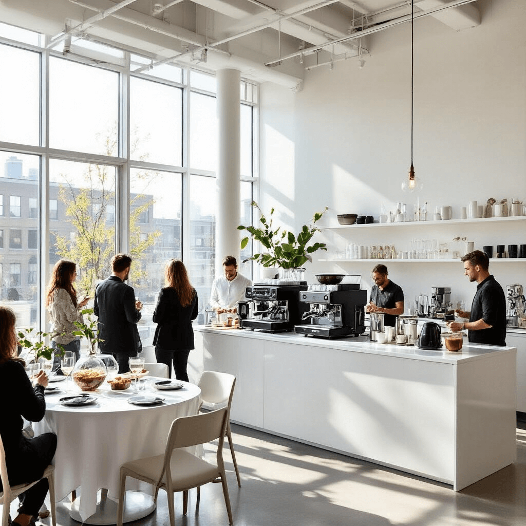 The Ultimate Guide to Coffee Makers: Brewing the Perfect Cup of Joy Wide shot of a modern apartment coffee party setup, featuring floor-to-ceiling windows with sunlight, minimalist furniture, a central coffee bar with various brewing methods, high-top tables with white linens, geometric terrariums, and stylish black and white ceramic mugs.