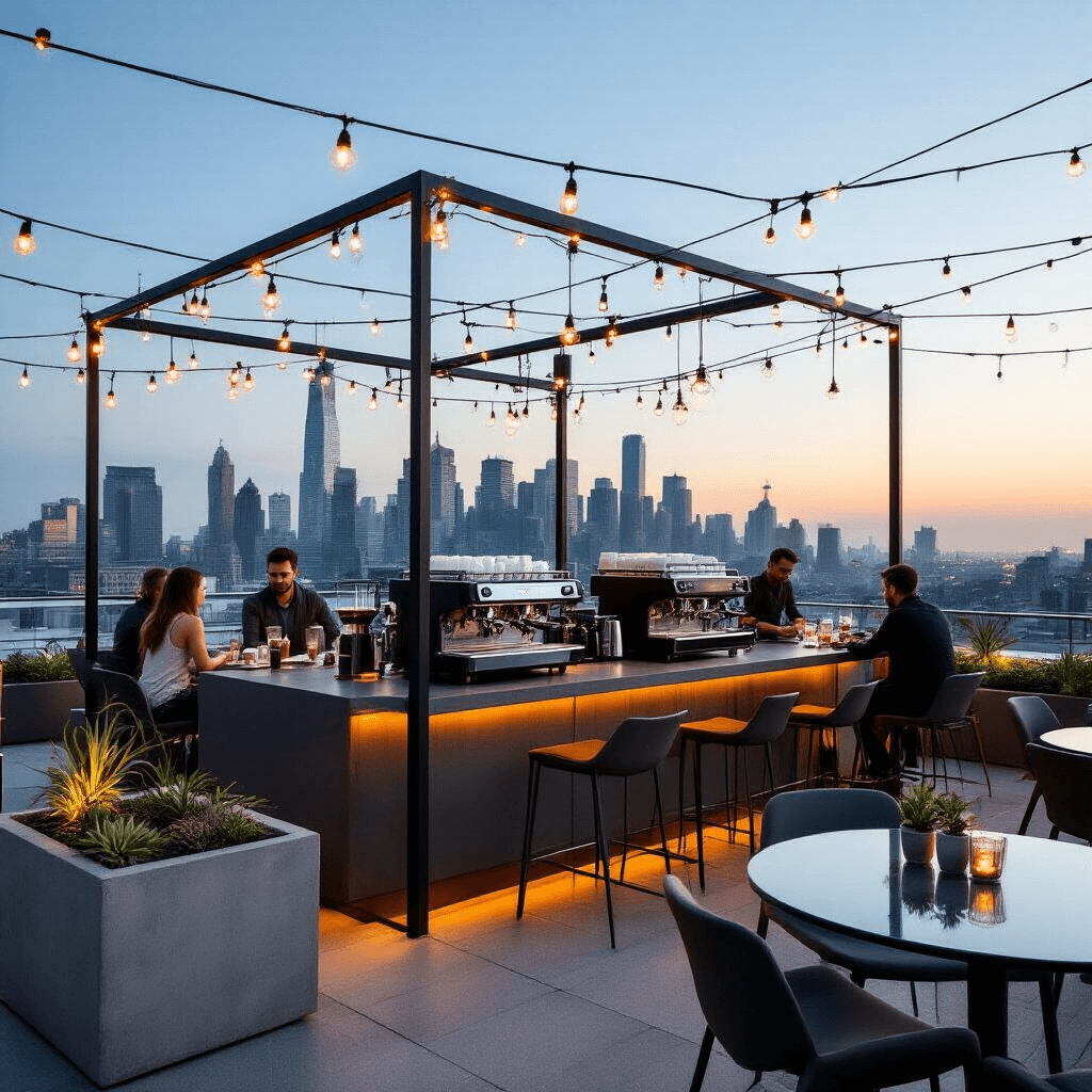 Breville Coffee Makers: The Ultimate Guide to Precision Brewing at Home A modern rooftop coffee experience at twilight, featuring sleek furniture, a coffee bar with Breville machines, geometric concrete planters with succulents, and fairy lights, all against a city skyline backdrop.