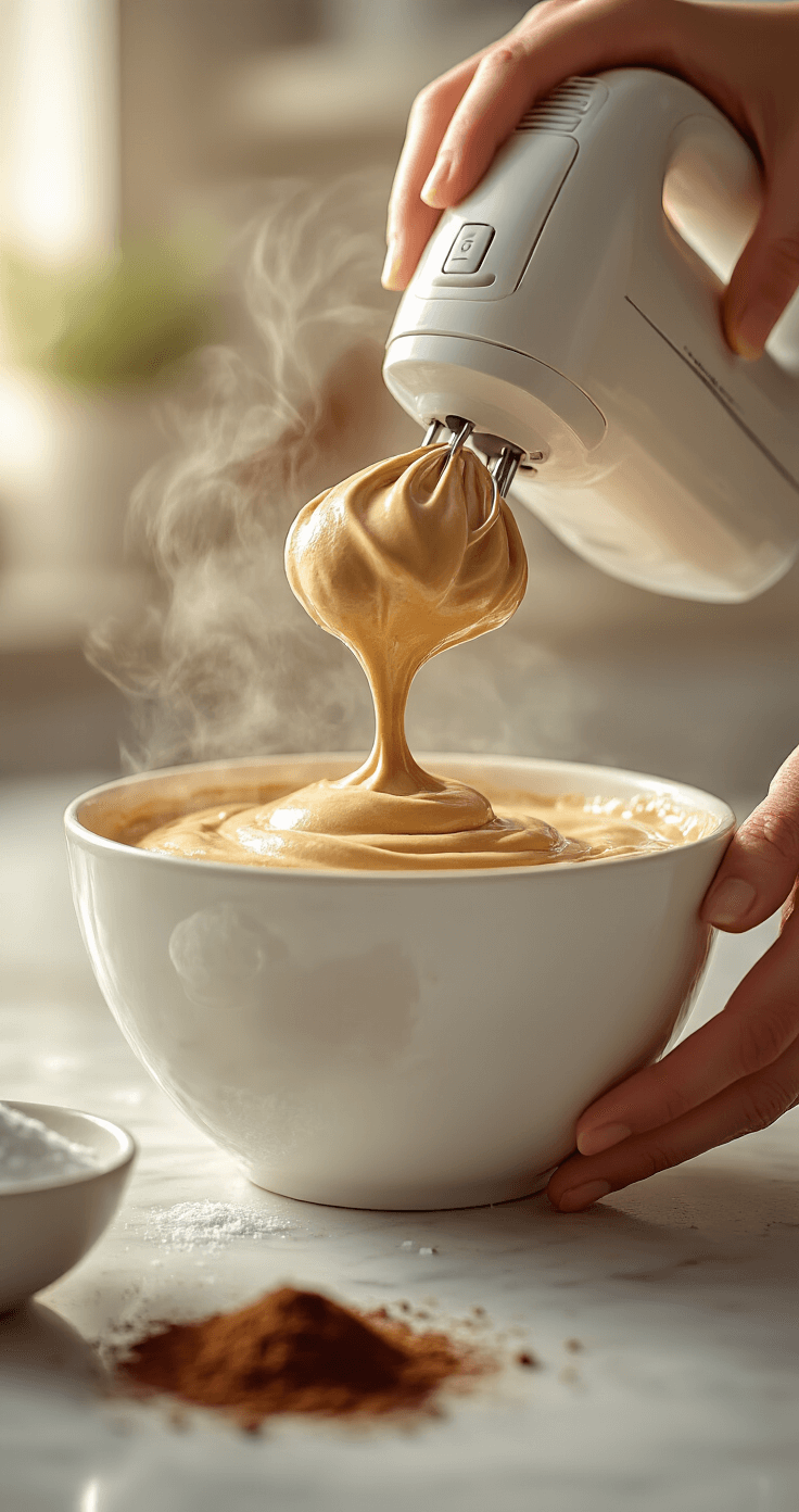 Dalgona Whipped Coffee: The Ultimate Easy Coffee Sensation Close-up of hands using an electric hand mixer to create glossy peaks of golden-brown coffee foam in a white ceramic bowl, with steam rising and a marble countertop reflecting the scene; instant coffee granules and sugar scattered nearby.