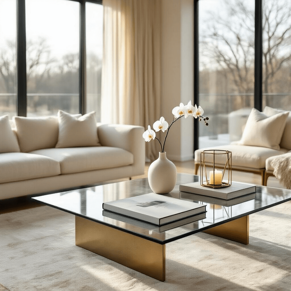 Coffee Table Decor: Transform Your Living Space with Style and Personality Wide-angle shot of a modern minimalist living room with a glass coffee table, an orchid vase, and a geometric candle holder, bathed in soft morning light through large windows.